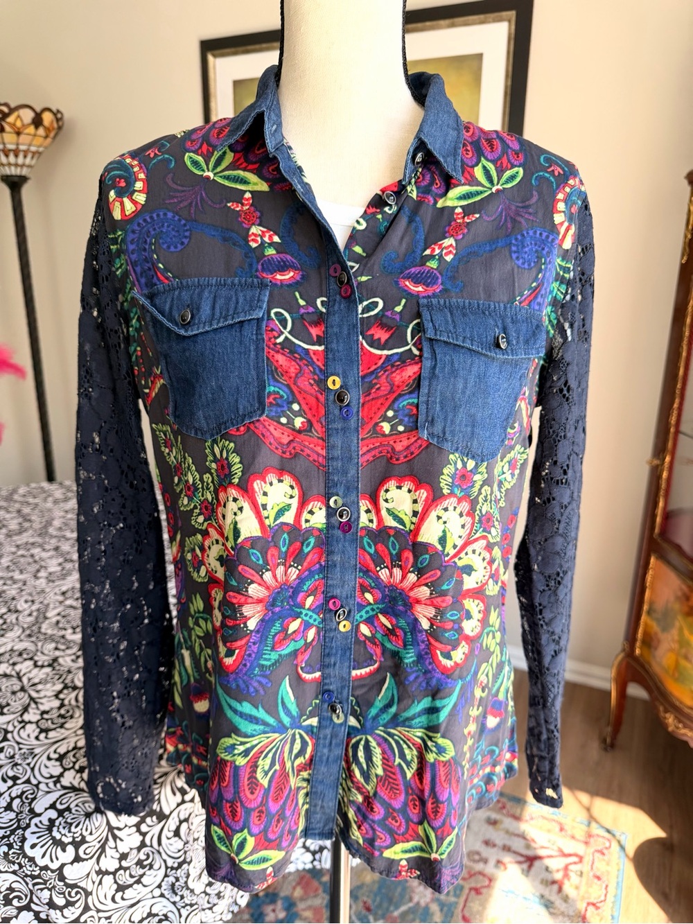 Desigual Floral Paisley Sheer Denim Lace Sleeve Button Shirt - Picture 5 of 8